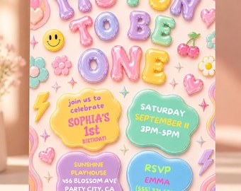 Fun to be ONE ,1st birthday party invitation, Soft girl bday invitation, Prep core editable, jelly bday invite pastel groovy Bubble Letter