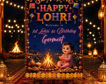 First Lohri Welcome sign, Girl First Birthday lohri Night party, Bonfire Celebration (Editable Canva Template)