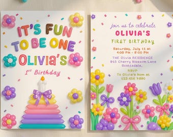 Fun to be ONE ,1st birthday party invitation, whimsical pastel girl bday invitation, Prep core editable, colorful first bday digital invite