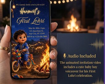 First Lohri Animation Invite, Talking Boy 1st Lohri invite , Punjabi Family Invite, Bonfire Night Card, WhatsApp E Invite, Editable Canva