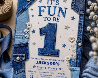 It’s Fun to Be One Birthday Invite Blue Denim First Birthday Invitation Editable Canva Template