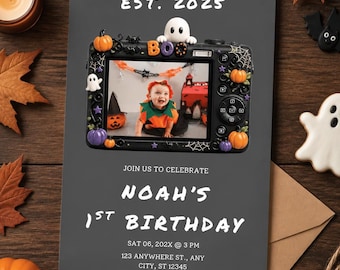 Kids 1st Halloween Birthday Photo Invitation Template, Halloween Polaroid Invite, Retro kids Birthday Party, Spooky Editable Canva Invite