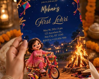 First Lohri Invitation, Baby Girl lohri Night party, Bonfire Celebration (Editable Canva Template)