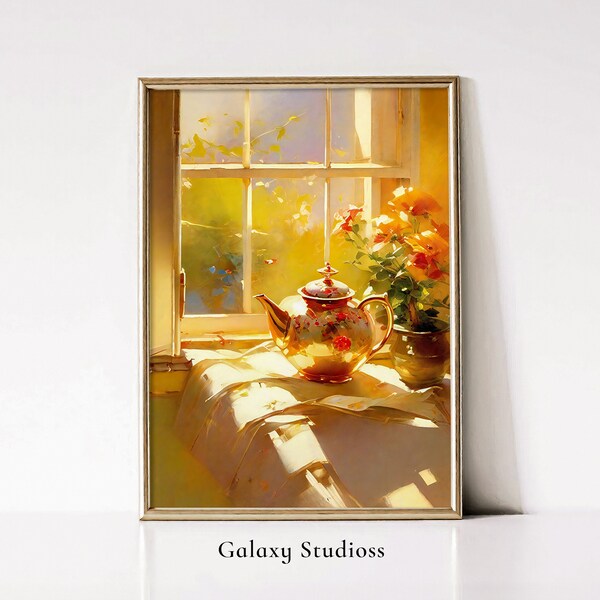 Quaint Teapot in Sunlit Painting | Golden Teapot in Sunlit Window Wall Art | Royal Retro Print |  DIGITAL DOWNLOAD - GalaxyStudioss