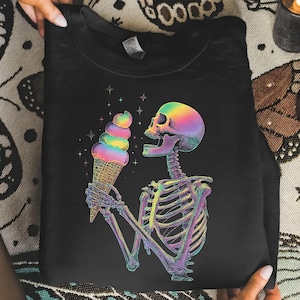 Funny Skeleton Halloween Shirt, Rainbow Skull Ice Cream Tee, Spooky Season Costume Party Top PNG Digital Download