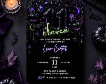 Editable Neon 11th Birthday Invitation, Teen Party (Digital Download), Retro kids Birthday Party, Spooky Editable Canva Invite