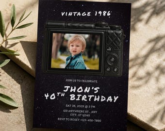 40th Birthday Photo Invitation  Template, Vintage 1986 Birthday Invite, Retro Digital Camera Invitation, Childhood Photo, Editable Canva