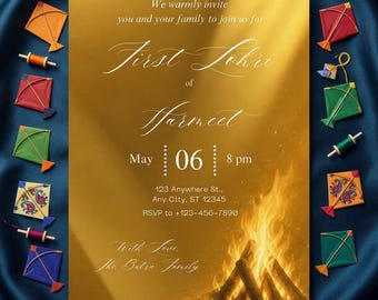 First Lohri Invitation, Golden Lohri invite , Punjabi Family Invite, Bonfire Night Card, WhatsApp E Invite, Editable Canva Template