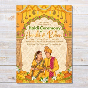 Puede incluir: Una vibrante invitación para una ceremonia Haldi, con una pareja vestida con atuendo tradicional. El diseño es predominantemente amarillo y naranja, con elementos florales y decorativos. El texto dice "Haldi Ceremony of Aarohi & Rohan" con detalles del evento.