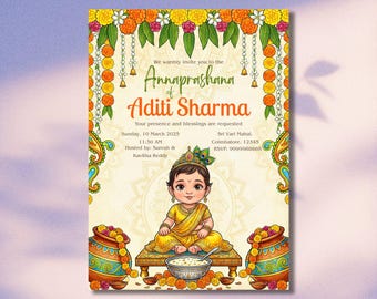 May include: An invitation card for the Annaprashana of Aditi Sharma. The card features a cartoon illustration of a baby in yellow attire, adorned with a crown. The design includes floral garlands, pots, and text with event details.