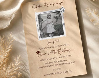 Vintage Surprise Birthday Invitation | Milestone Birthday Invite with Photo | Retro Photo Invitation | Editable Canva Template childhood