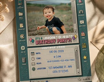 40th Birthday Photo Invitation Template, Editable Vintage 80s desktop Invite, Retro 40th Birthday Party Invite, Canva Template, 1986 Invite