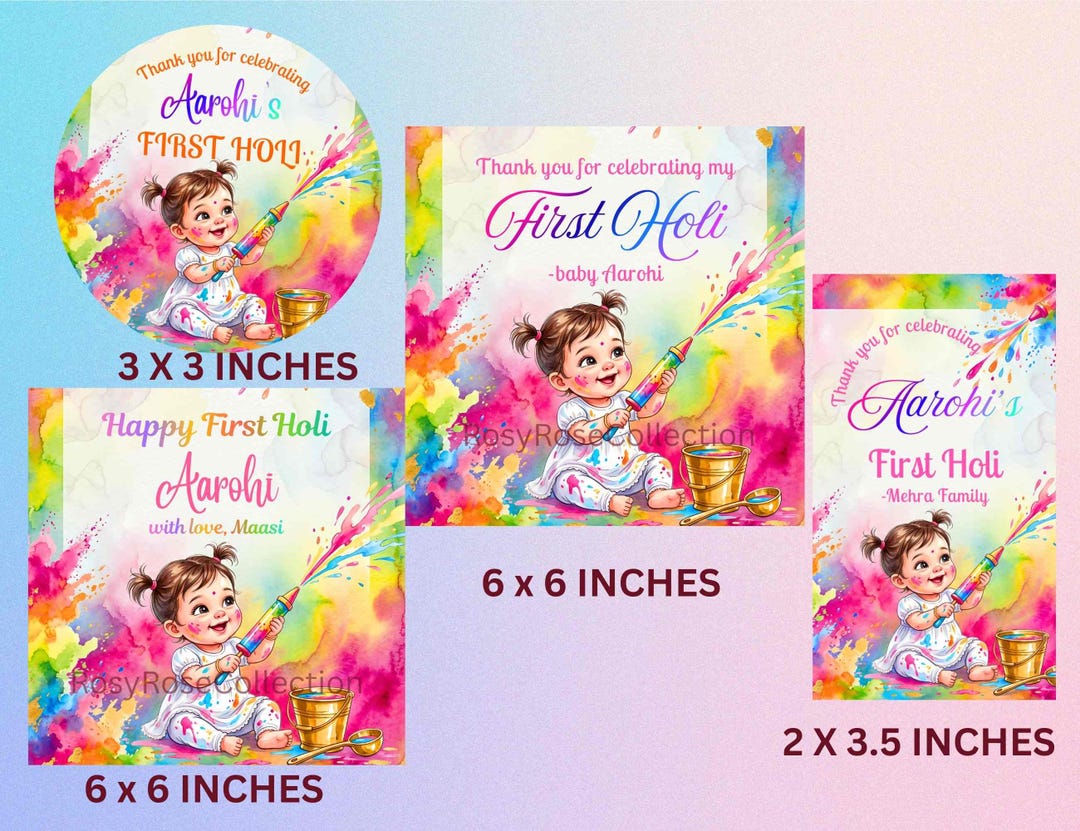 Editable Happy Holi First Holi Greeting Card, Thank You Tags Bundle ...