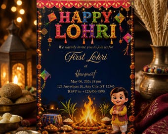 First Lohri Invitation, Boy 1st Lohri invite , Punjabi Family Invite, Bonfire Night Card, WhatsApp E Invite, Editable Canva Template