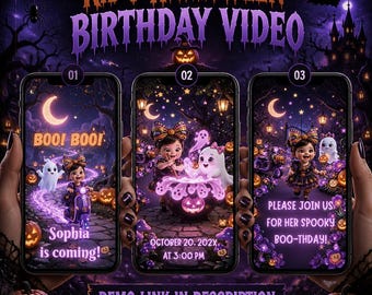 Kids Cute Spooky one girl Birthday Party Video Invitation, Spooky Party Video Invite, pumpkin Animated Canva Template,Editable Digital video