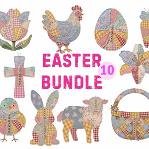 Può includere: Un set pasquale con dieci decorazioni in tessuto patchwork. Include un tulipano, una gallina, un uovo, una carota, una croce, un giglio, un pulcino, un coniglietto, un agnello e un cestino. Il testo "EASTER BUNDLE" è visualizzato in rosa.