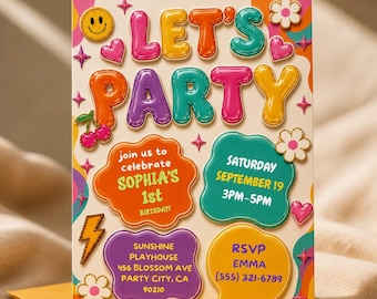 1st birthday party invitation, Soft girl birthday invitation, Prep core invitation editable, any age birthday invite Groovy Bubble Letter