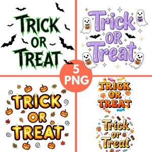 Trick or Treat Typography Bundle Set Creepy Cute Ghosts Bats Pumpkins Candy Halloween Lettering for Spooky Party Crafts PNG Digital Download