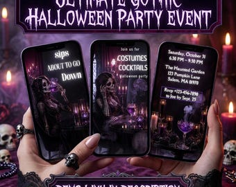 Sips About to Go Down, Adult Halloween Party Invite, Victorian Gothic girl Skeleton with Cocktail, Video Invitation, Editable canva Digital