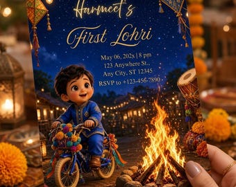 First Lohri Invitation, Baby boy lohri Night party, Bonfire Celebration (Editable Canva Template)