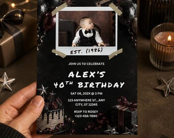 40th Birthday Photo Invitation  Template, Vintage 1986 Birthday Invite, Retro Digital Camera Invitation, Childhood Photo, Editable Canva