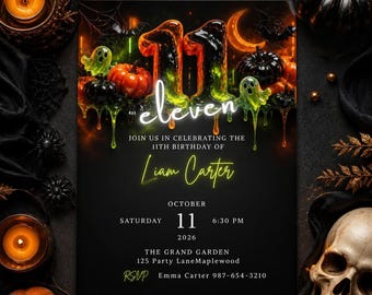 Editable Neon 11th Birthday Invitation, Teen Party (Digital Download), Retro kids Birthday Party, Spooky Editable Canva Invite