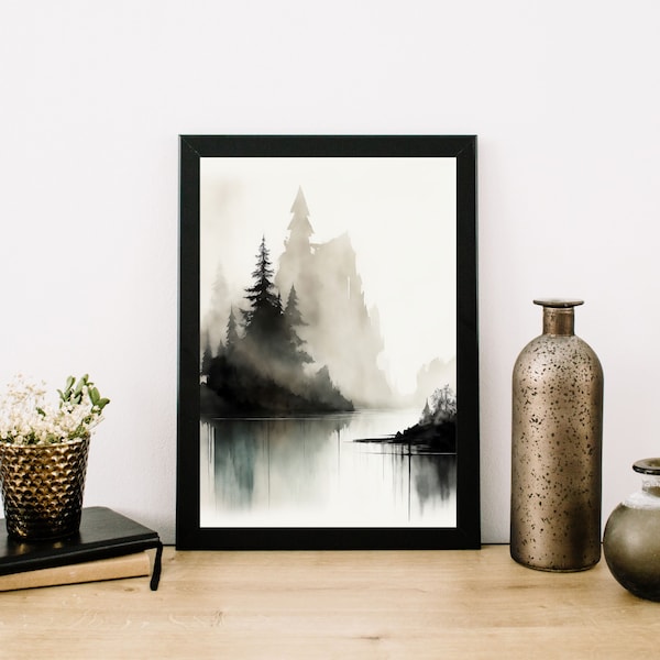 Watercolour Landscape Abstract Wall Art, Trees & Lake Scenery, Black and White wall art, Digital Download - GalaxyStudioss