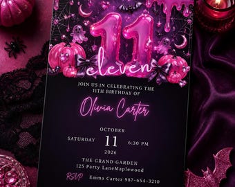 Editable Pink Neon 11th Birthday Invitation, Girly Teen Party (Digital Download),  teen Birthday Party, Girly Spooky Editable Canva Invite