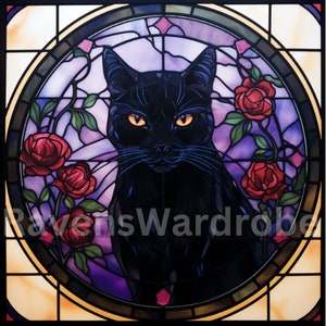 Black Cat Stained Glass PNG Digital Image