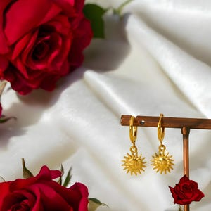 Gold Sun Drop Earrings, Sun Creoles, Heavenly Huggie Creoles, Boho Earrings, Minimal Dangle Drop, Gift for Her, Dainty Earrings,Gift for her