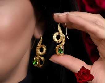 Gold Snake Drop Earrings, 14k Gold Snake Earrings, Silver Snake Earrings, Snake Dangle Earrings, Statement Snake Earrings,Snake Gem Earrings