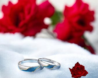 Größen verstellbarer silberner Wellen Ring, Ring offen Wellen Muster, Minimalistischer Paar Ring, Zierlicher Meer Ring Unisex, Geschenk
