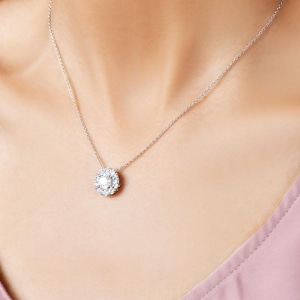 Colgante de diamantes cultivados en laboratorio de 0,50 - 1 CTW en oro blanco de 14 k / Collar de diamantes con halo redondo certificado / Viene con cadena de oro de 18 pulgadas