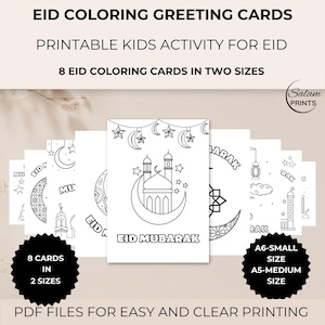 Folhas para colorir Eid Mubarak, cartões Eid para imprimir para crianças, cartões comemorativos DIY, presente islâmico, artesanato Eid sem tela para crianças, download digital