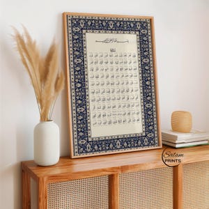Islamic wall art printable of Asma ul Husna showing the 99 Names of Allah in Arabic calligraphy with English transliteration, surrounded by a luxury blue and beige Persian rug style ornate border, vintage Islamic poster for Muslim home decor, spiritual gift, Ramadan and Eid decor