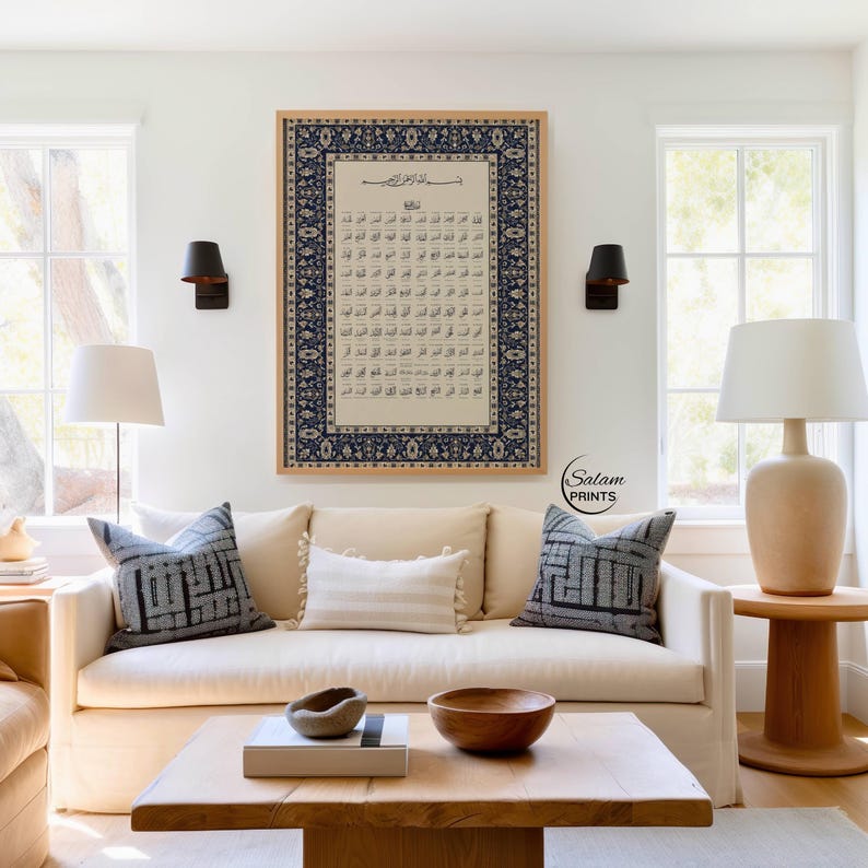 Islamic wall art printable of Asma ul Husna showing the 99 Names of Allah in Arabic calligraphy with English transliteration, surrounded by a luxury blue and beige Persian rug style ornate border, vintage Islamic poster for Muslim home decor, spiritual gift, Ramadan and Eid decor