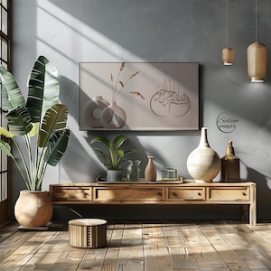 Samsung Frame TV art featuring Bismillah in  Arabic calligraphy on a beige neutral background. This Islamic digital wall art shows modern elegant flower vase with pampas grass . The soft earthy tones and organic textures complement contemporary home décor, making it perfect for living rooms, prayer spaces, or offices. Ideal for those seeking Islamic calligraphy, Muslim home décor, or elegant Quranic wall art with a boho aesthetic.