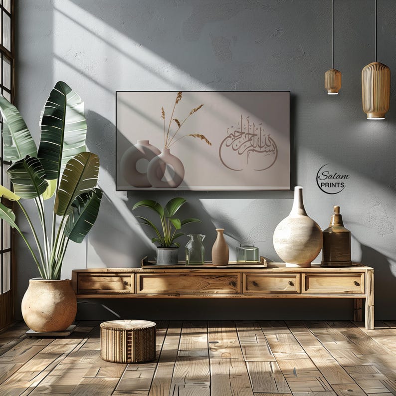 Samsung Frame TV art featuring Bismillah in  Arabic calligraphy on a beige neutral background. This Islamic digital wall art shows modern elegant flower vase with pampas grass . The soft earthy tones and organic textures complement contemporary home décor, making it perfect for living rooms, prayer spaces, or offices. Ideal for those seeking Islamic calligraphy, Muslim home décor, or elegant Quranic wall art with a boho aesthetic.