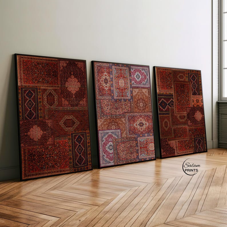 Set of 3 Persian rug collage inspired wall art prints featuring bohemian vintage carpet patterns in oriental tapestry aesthetic, high-resolution digital download for eclectic home decor.