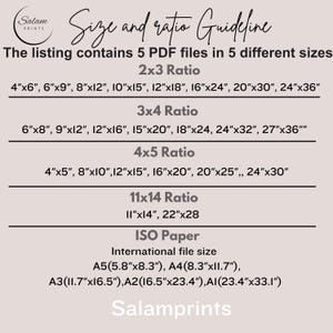 May include: A beige graphic with the text "Size and ratio Guideline" and "The listing contains 5 PDF files in 5 different sizes." Includes size ratios 2x3, 3x4, 4x5, 11x14, and ISO paper sizes. The Salamprints logo is at the top left and bottom.