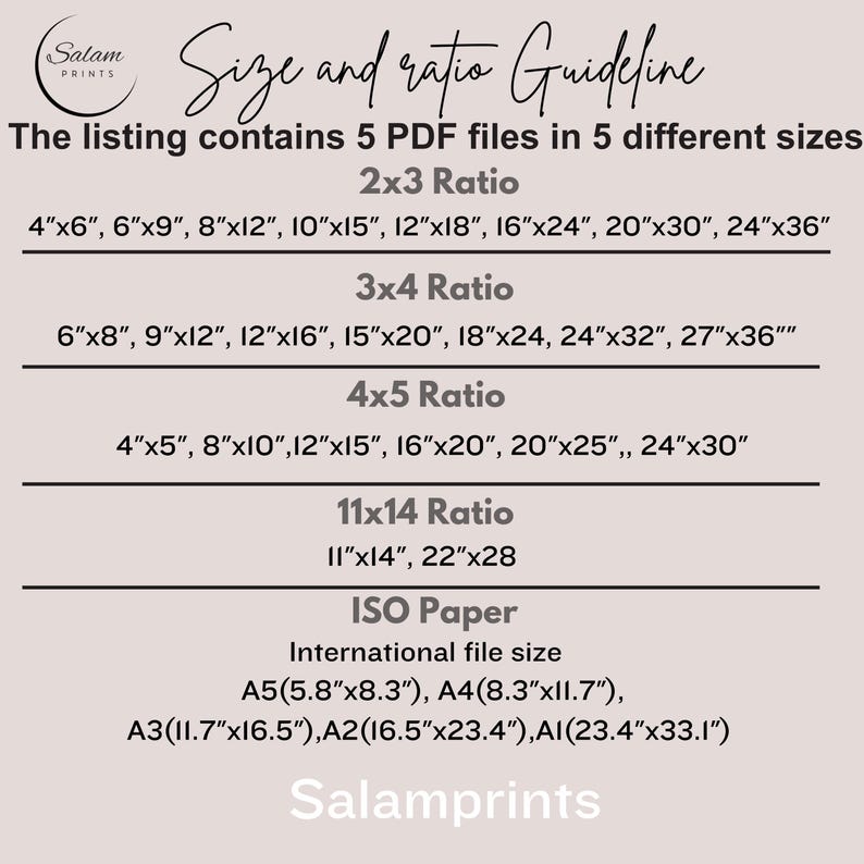 May include: A beige graphic with the text "Size and ratio Guideline" and "The listing contains 5 PDF files in 5 different sizes." Includes size ratios 2x3, 3x4, 4x5, 11x14, and ISO paper sizes. The Salamprints logo is at the top left and bottom.
