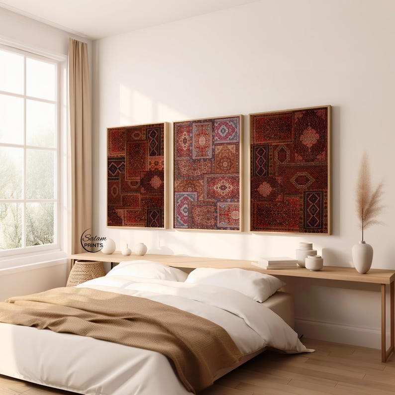 Set of 3 Persian rug collage inspired wall art prints featuring bohemian vintage carpet patterns in oriental tapestry aesthetic, high-resolution digital download for eclectic home decor.