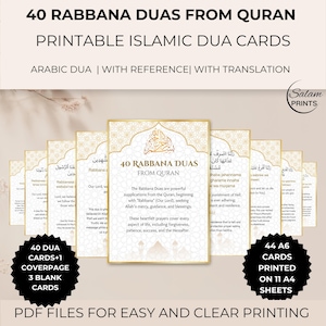 Islamic Dua Cards, 40 Rabbana duas from Quran Printable Flashcards Islamic Authentic Downloadable Azkars Arabic Transileration Islamic Gift