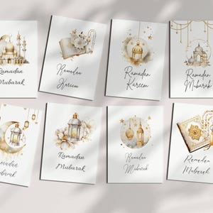 Conjunto de 8 cartões para impressão de Ramadã, decoração islâmica moderna em tons neutros, faça você mesmo, download digital islâmico A6,5 x 7,6 x 4 pol., presente de Ramadã bege minimalista