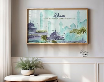 Salah Calligraphy with Mosque Watercolor Art for Samsung TV Frame Wall Art, Samsung TV Digital Display, Modern Muslim Home Decor for RAmadan