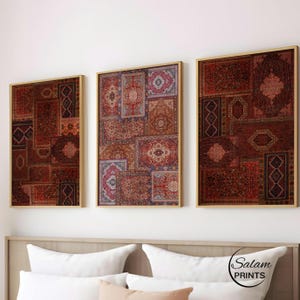 Set of 3 Persian rug collage inspired wall art prints featuring bohemian vintage carpet patterns in oriental tapestry aesthetic, high-resolution digital download for eclectic home decor.
