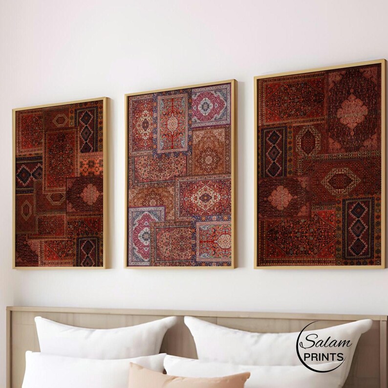 Set of 3 Persian rug collage inspired wall art prints featuring bohemian vintage carpet patterns in oriental tapestry aesthetic, high-resolution digital download for eclectic home decor.