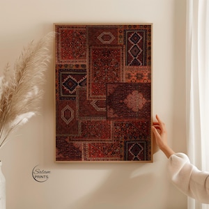 Set of 3 Persian rug collage inspired wall art prints featuring bohemian vintage carpet patterns in oriental tapestry aesthetic, high-resolution digital download for eclectic home decor.