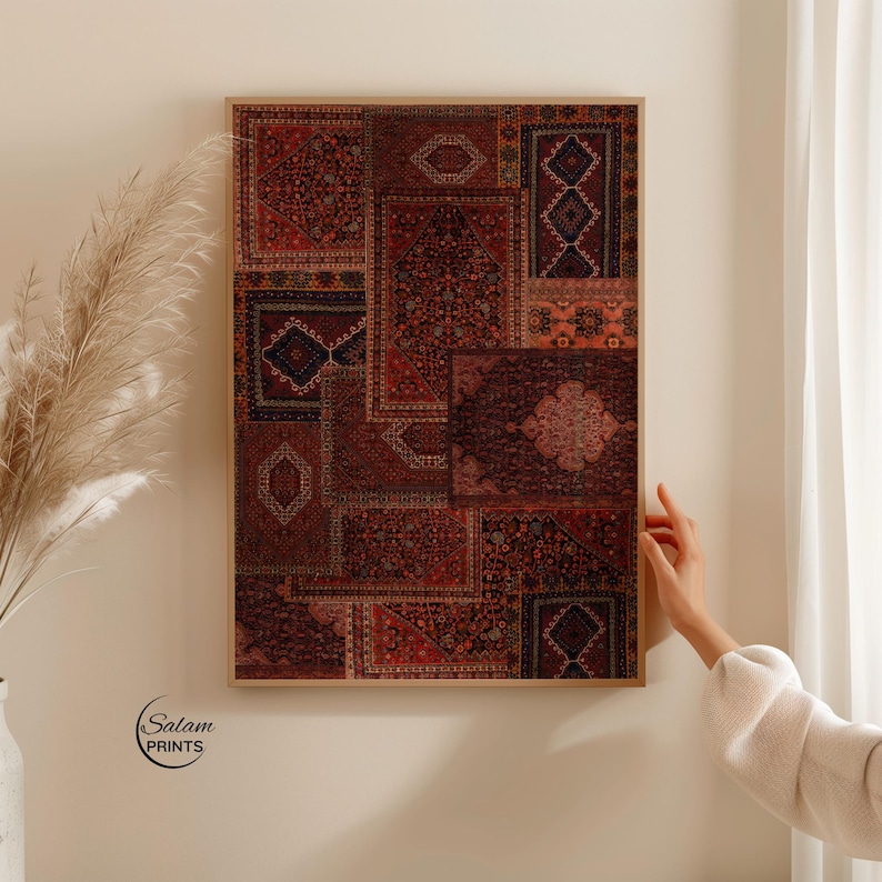 Set of 3 Persian rug collage inspired wall art prints featuring bohemian vintage carpet patterns in oriental tapestry aesthetic, high-resolution digital download for eclectic home decor.