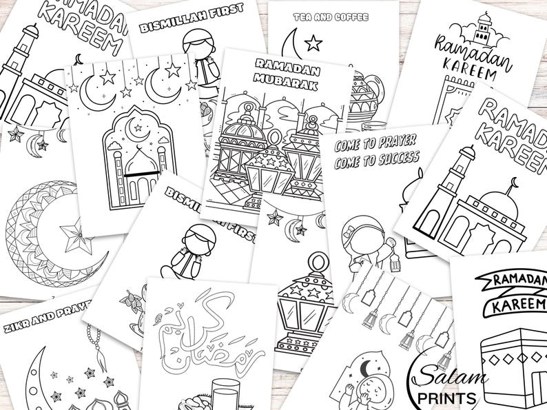 Printable Ramadan Coloring Book for Muslim Kids – Digital Islamic Activity Book featuring mosques, crescent moons, lanterns, Quran, duas, iftar, and Eid celebrations. Perfect for Ramadan homeschool, Sunday school, and Islamic learning, this fun and educational Ramadan activity book nurtures creativity while teaching kids about fasting, prayer, and gratitude. Instantly download, print, and enjoy meaningful Ramadan crafts for toddlers, preschoolers, and young children